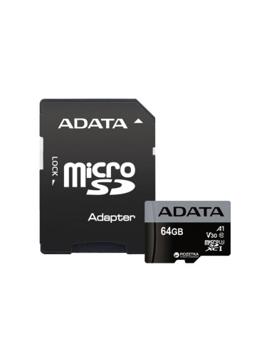 Карта памет 64GB microSDXC с адаптер, A-Data Premier Pro, Class 10 UHS-I, скорост на четене 100MB/s, скорост на запис 60MB/s
