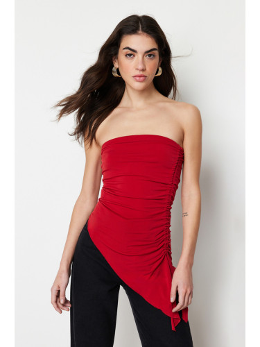 Trendyol Red Strapless Gathered Detailed Fitted/Sleeved Knitted Blouse