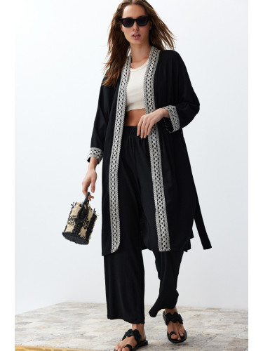 Trendyol Black Embroidery Detailed Kimono Trousers Woven Bottom-Top Set