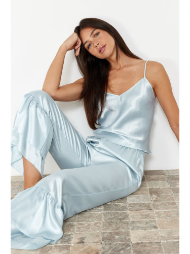 Trendyol Light Blue Flounce Detailed Capri Satin Woven Pajamas Set