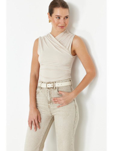 Trendyol Stone Fitted Gather Detailed Sleeveless Stretchy Knitted Blouse