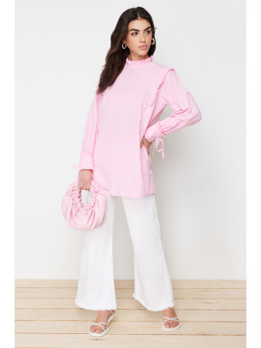 Trendyol Pink Woven Cotton Tunic With Ruffled Shoulder and Cuff