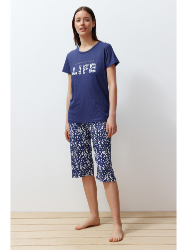 Trendyol Blue Motto Printed Ribbed Capri Knitted Pajamas Set