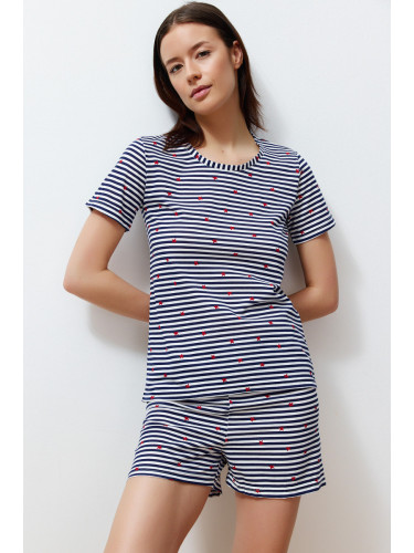 Trendyol Navy Blue Cotton Striped Star Pattern Knitted Pajama Set