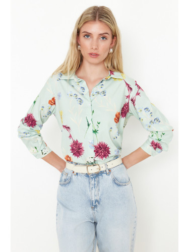 Trendyol Mint Flower Patterned Regular Fit Woven Shirt