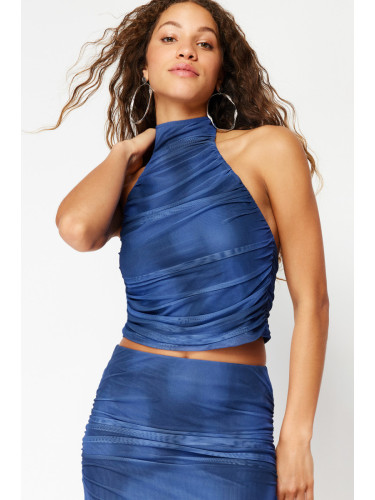 Trendyol Indigo Draped Halter Neck Fitted/Situated Tulle Knit Knitted Blouse