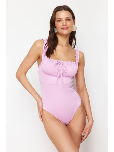 Trendyol Pink Square Collar Ruffled High Leg Regular Swimsuit