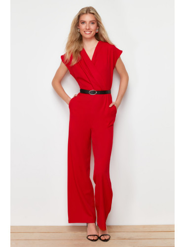 Trendyol Red Belted Double Breasted Collar Wide Leg Woven Jumpsuit
