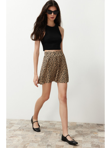Trendyol Brown Leopards Printed Ribbed Flexible Shorts Skirt