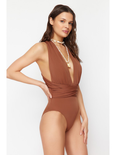Trendyol Brown Deep Low-cut Draped Hipster Swimsuit