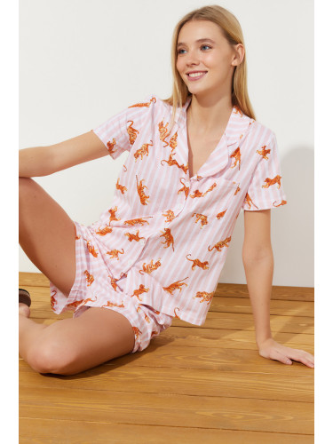 Trendyol Multi Color 100% Cotton Striped Animal Pattern Knitted Pajamas Set