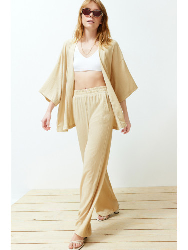 Trendyol Stone Relaxed/Comfortable Cut Kimono Knitted Top and Bottom Set