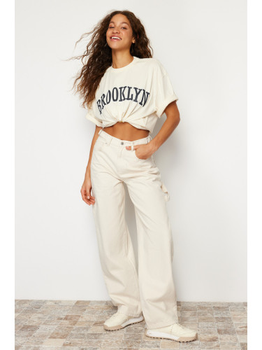 Trendyol Ecru Loose Cut High Waist Carpenter Skater Jeans