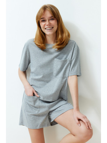 Trendyol Gray Cotton Knitted Pajama Set with Pocket Detail