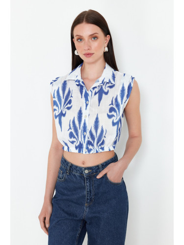 Trendyol Blue Linen Look Viscose Fabric Sleeveless Woven Shirt with Elastic Hem