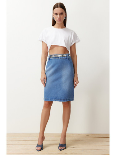 Trendyol Blue Slit Midi Denim Skirt