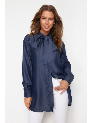 Trendyol Blue Denim Modest Oversize Shirt with Tie Detail