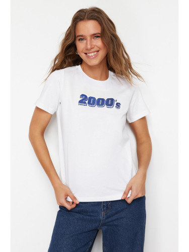 Trendyol White 100% Cotton Printed Regular/Regular Fit Crew Neck Knitted T-Shirt