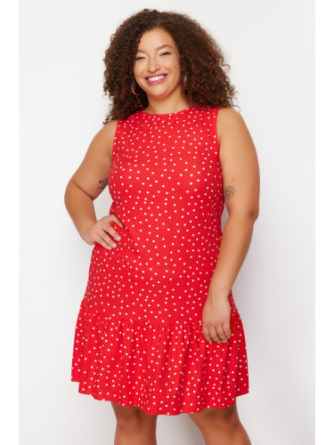 Trendyol Curve Red Polka Dot Printed Zero Sleeve Flounce Shift Mini Stretch Knit Plus Size Dress