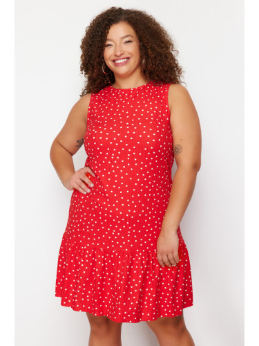 Trendyol Curve Red Polka Dot Printed Zero Sleeve Flounce Shift/Plain Mini Flexible Knitted Dress