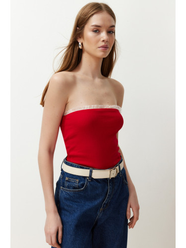 Trendyol Red Ribbed Strapless Collar Woven Garnish Fitted Cotton Crop Knitted Blouse