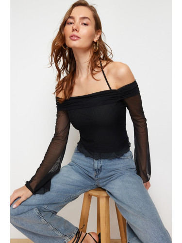 Trendyol Black Flare Sleeve Tie Detailed Knitted Blouse