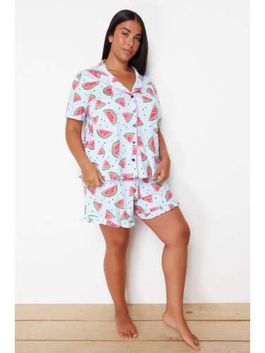 Trendyol Curve Light Blue Watermelon Patterned Shirt Collar Knitted Pajama Set