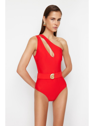 Trendyol Red Belted One Shoulder Regular Swimsuit with Premium Accessories
