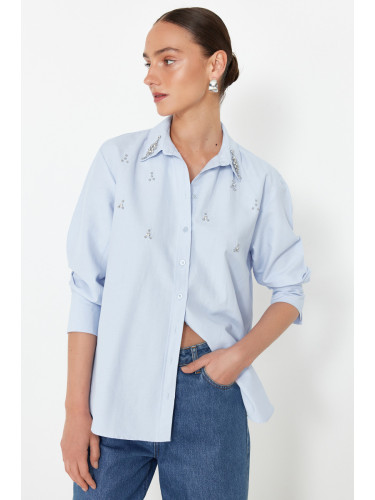 Trendyol Light Blue Regular Fit Woven Shirt with Stone Detail on the Front