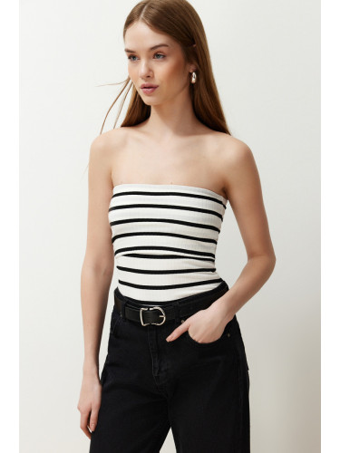 Trendyol Black Striped Strapless Ribbed Stretchy Knitted Blouse