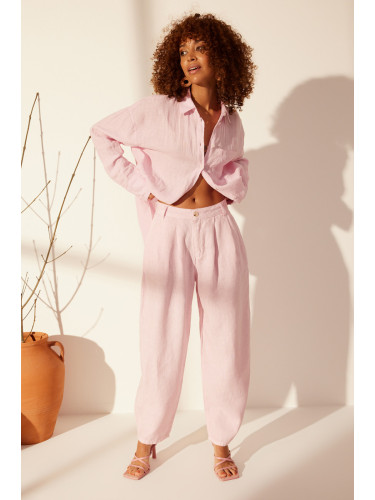 Trendyol Pink 100% Linen High Waist Barrel Trousers