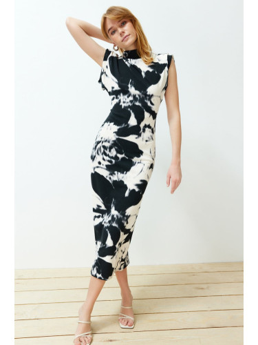Trendyol Multi-Colored Floral Stand Collar Padded Bodycone/Body-Fitting Knitted Maxi Pencil Dress
