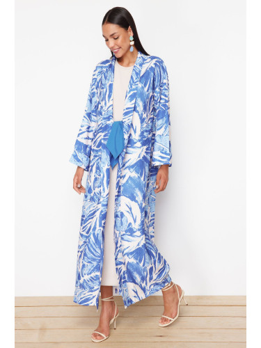 Trendyol Blue Tropical Patterned Long Woven Kimono & Kaftan