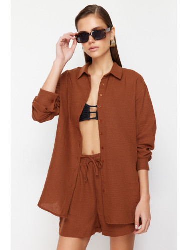 Trendyol Brown Woven Linen Look Shirt and Shorts Set