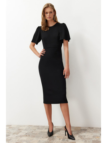Trendyol Black A-Line Midi Pencil Skirt Woven Dress with Pleat Detail on the Sleeve