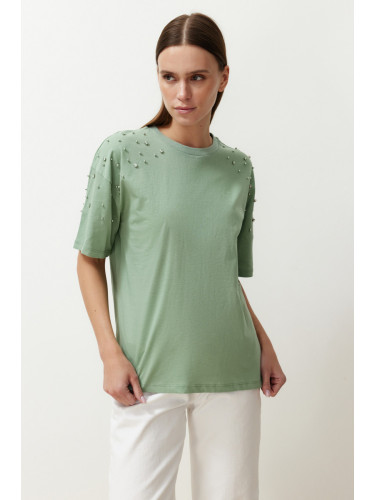 Trendyol Mint 100% Cotton Stone Accessory Detailed Relaxed/Comfortable Cut Knitted T-Shirt
