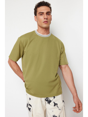 Trendyol Limited Edition Khaki Relaxed/Comfortable Cut Knitwear Taped Textured Pique T-Shirt