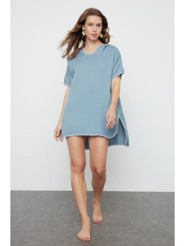 Trendyol Blue Wide Fit Mini Woven Embroidery Muslin Beach Dress