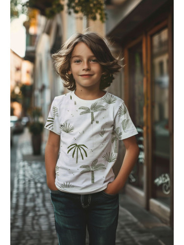 Trendyol White Boy's Palm Tree Printed Short Sleeve Knitted T-Shirt
