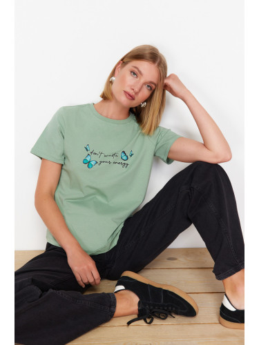 Trendyol Mint Printed Regular/Normal Pattern Short Sleeve Knitted T-Shirt