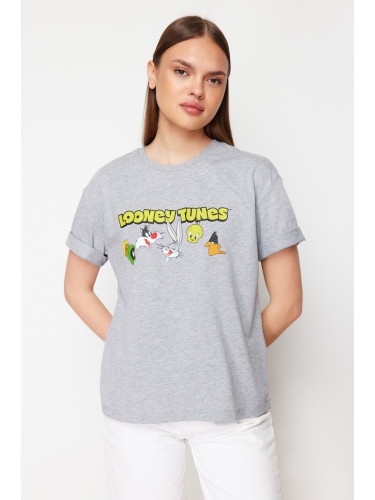 Trendyol Gray Melange Looney Tunes Licensed Relaxed/Comfortable Cut Knitted T-Shirt