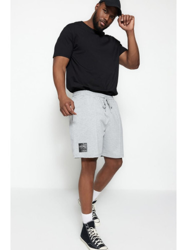 Trendyol Plus Size Gray Regular/Regular Fit Medium Length Laced Text Printed Shorts