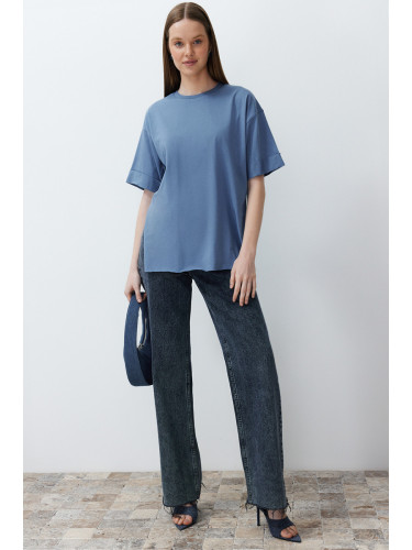 Trendyol Indigo 100% Cotton Double Sleeve Asymmetrical Boyfriend Knitted T-Shirt