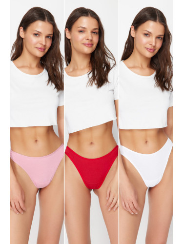 Trendyol White-Red-Pink 3 Pack Cotton Thong Knitted Panties