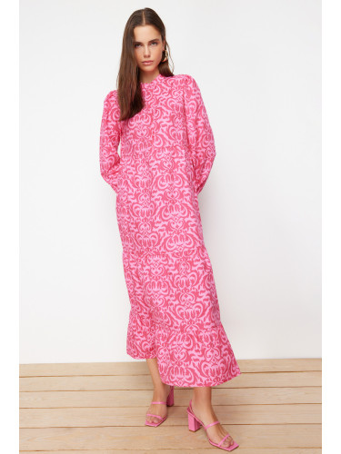 Trendyol Fuchsia Patterned Half Pat Wide Fit Cotton Woven Dress