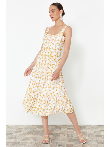 Trendyol Yellow Waist Midi Woven Floral Embroidery Dress