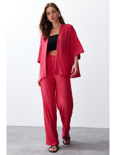 Trendyol Pink Relaxed/Comfortable Cut Kimono Knitted Top and Bottom Set