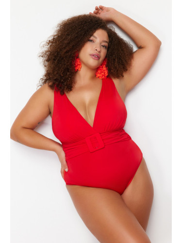 Trendyol Curve Red Deep V Belted Swimsuit with Recovery Effect