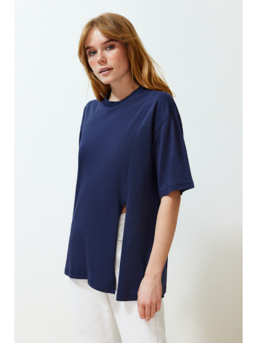 Trendyol Navy Blue 100% Supreme Slit Oversize/Wide Mold Asymmetrical Knitted T-Shirt