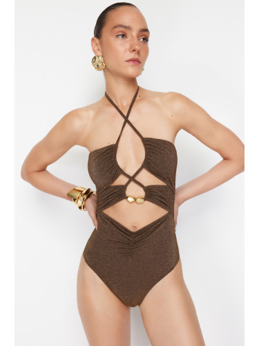 Trendyol X Zeynep Tosun Brown Knitted Cut Out/Window Accessory Detailed Shiny Swimsuit